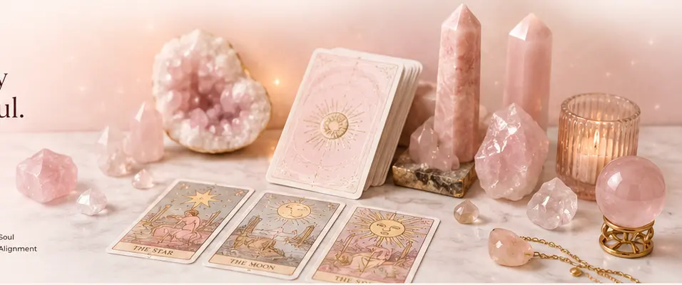 Rose quartz crystals, tarot cards and a candle arranged on marble